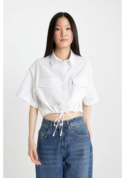DeFacto Cropped Fit Gömlek Yaka Keten Karışımlı Kısa Kollu Bluz C6812AX24SMWT34