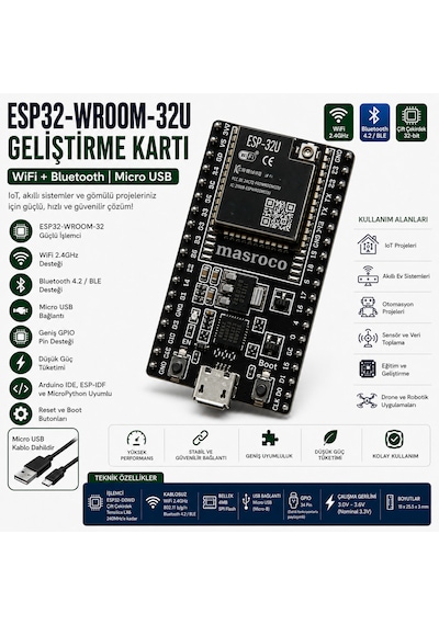 ESP-32U Wi-Fi & Bluetooth Geliştirme Modülü (Siyah PCB – SMA – U.FL/IPEX Dönüştürücü + USB Kablo Dahil)