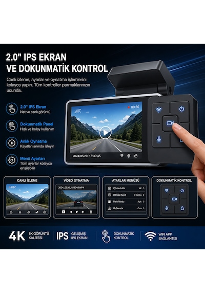 K12 Max 4k Araç Içi Kamera Ön 4k + Arka Hd Kayıt, Wifi Destekli, Gece Görüşlü, 24 Saat Park Modlu Gizli Araç Kamerası