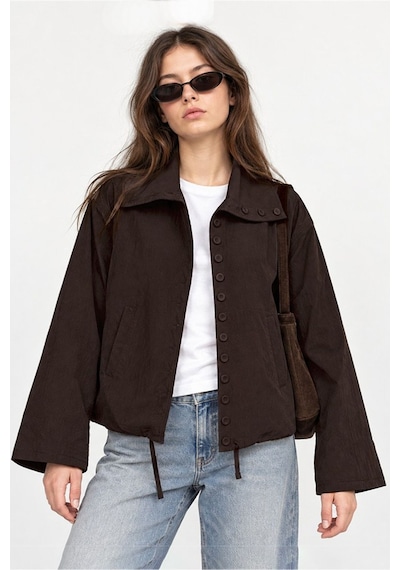 Hiccup Dik Yaka Düğmeli Oversize Trençkot Kahverengi