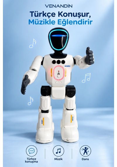 Venandin Robix Türkçe Konuşan Uzaktan Kumandalı Akıllı Robot Adam - Şarjlı, Led Işıklı, Dans Eden Eğitici Oyuncak Robot 31 Cm