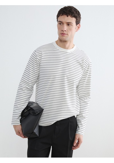Lcw Vision Ekru Bisiklet Yaka Çizgili Erkek Sweatshirt