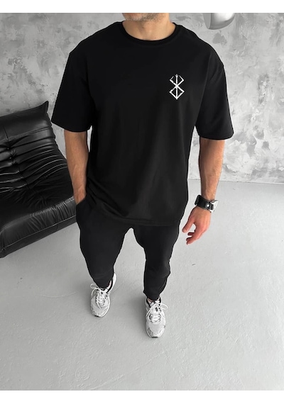 Moda Assema Erkek Bisiklet Yaka Baskılı Oversize T-shirt - Siyah Çok Renkli