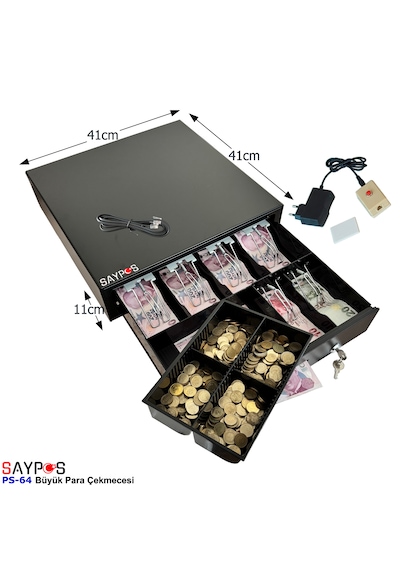 6 Banknot Gözlü Kolay Açma Buton Ve Adaptörlü, Anahtardan Açılır Para Çekmecesi 41x41x11cm