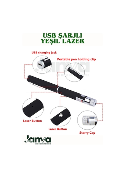 Usb Şarjlı Voltran Yeşil Lazer Kalem Başlıklı Yeşil Lazer Pointer Turbo Işın Yeşil Laser Pointer Yeşil