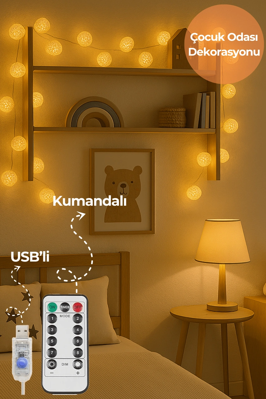 Technosmart 20 Ledli Rattan Top Şerit Led Işık Usb Li Ve Kumandalı, 4m, 8 Mod Dekoratif Aydınlatma Sarı