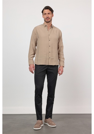 İmza Koyu Bej Düğmeli Yaka Uzun Kol Cepsiz Slim Fit Modal Gömlek 1004260162