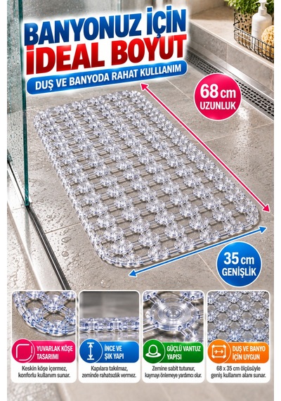Crystal Kaymaz Vantuzlu Banyo Paspası Şeffaf 68x35 Cm Islak Zemin Kaydırmaz Küvet Duşakabin Pvc Matı