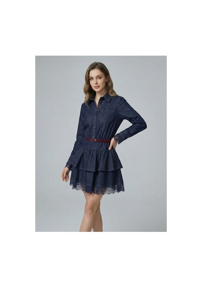Meecy Kemerli Gömlek Yaka Dantel Garnili Jean Elbise Romantik Stil Mini Denim Elbise Lacivert Lacivert Meecy Kemerli Gömlek Yaka Dantel Garnili Jean Elbise Romantik Stil Mini Denim Elbise Lacivert Lacivert