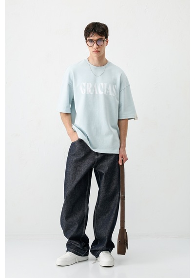 Vamos Oversize Baskılı Tişört V70-143 Bebe Mavi