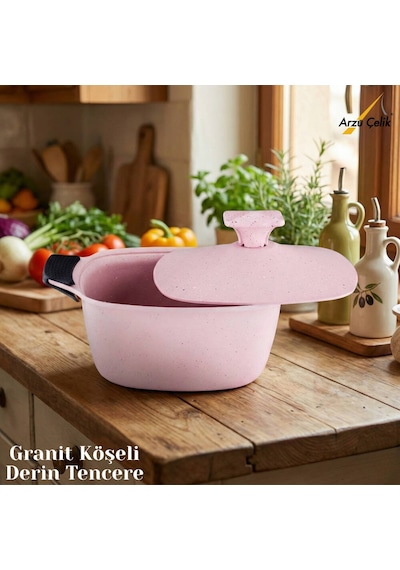 20 Cm Granit Köşeli Derin Tencere Alüminyum Kapak - Pembe Pembe