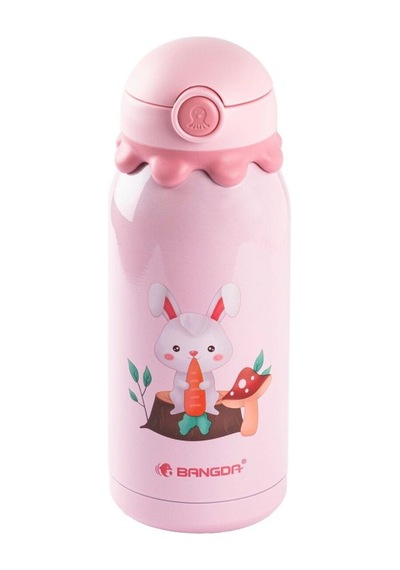 Bangda Pembe Paslanmaz Çelik Tavşan Desenli Çantalı Çocuk Termosu 600ml