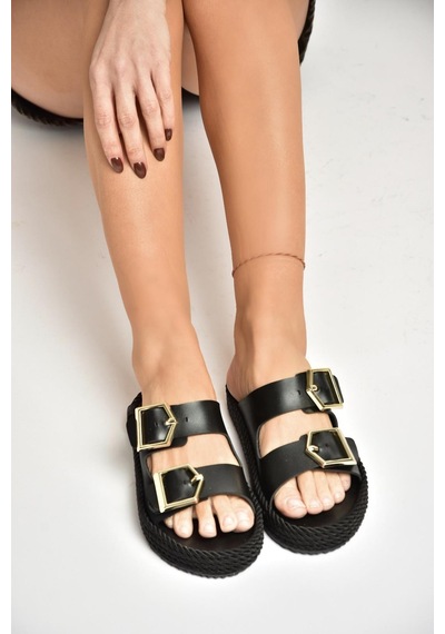 Fox Shoes U596030209 Siyah Kadın Terlik Siyah-suni Deri Siyah
