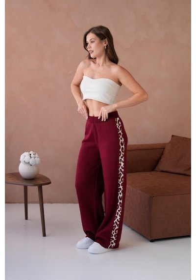 Relax Mode Kadın Leopar Şerit Detaylı Örme Pantolon - 12026r Bordo
