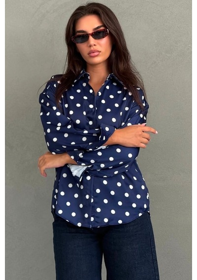 Madmext Lacivert Puantiyeli Saten Kadın Gömlek Mg2869