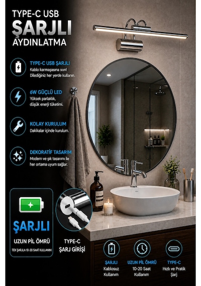 Flüt Aplik / 45cm / Şarjlı Led Aplik / Type-c Usb Kablosuz Duvar Lambası 8w Gün Işığı 3000k Gümüş - Krom