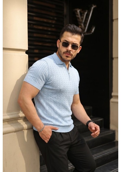 Veraura Lifestyle Erkek Örgü Desen Fermuar Yakalı Triko Tişört Bebe Mavisi