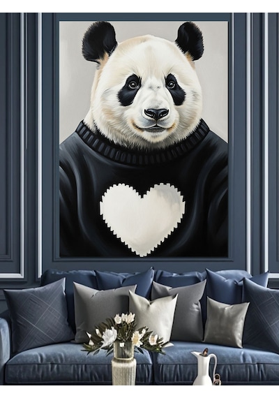 Ahşap Tablo Kalpli Siyah Beyaz Panda