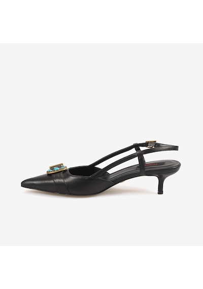 Rouge Kadın Taşlı Toka Detaylı Slingback Sivri Burun 6cm Topuklu Ayakkabı 7124 Siyah