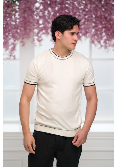 Advante Slimfit Kolları Lastikli Likralı Desenli Bisiklet Yaka Triko T-shirt Kemik