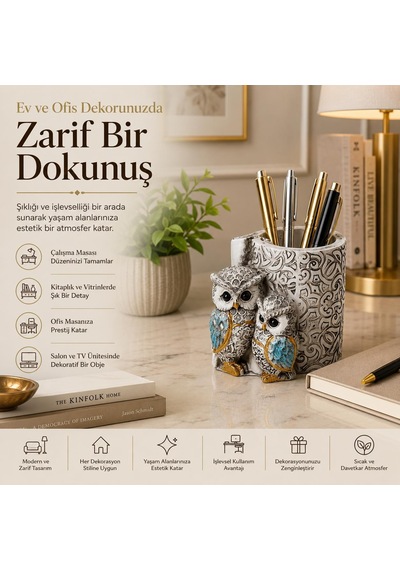 Lüks İşlemeli Aynalı Baykuş Kalemlik Biblo Dekoratif Heykel Ev Ofis Masa Dekoru Hediyelik 9 X 7 Cm 9 - 11 Cm