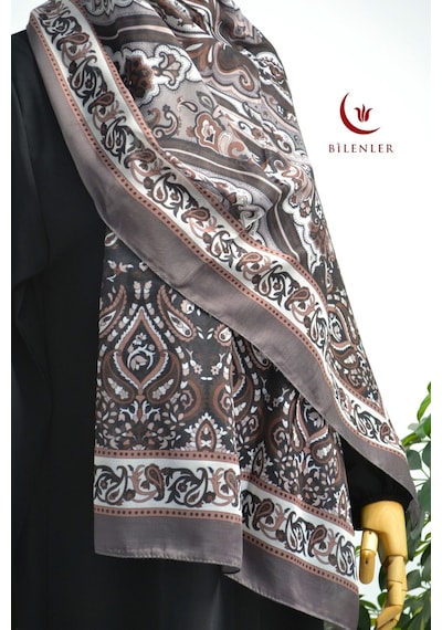 Bilenler Etnik Desenli Pamuklu Şal 70x190 Cm Vizon