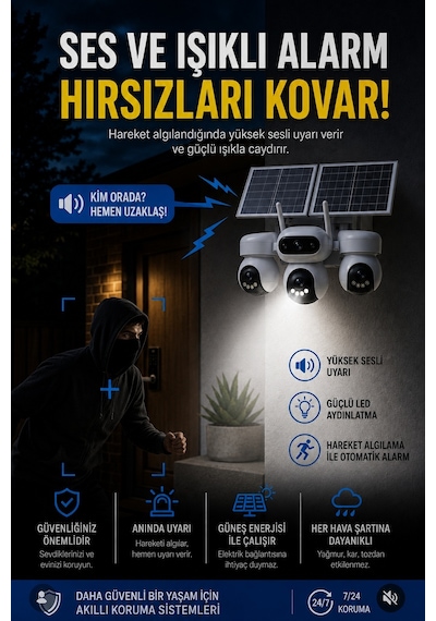SIM-5874 Çift Solar Panelli 4G SIM Kartlı 3 Lensli PTZ Akıllı Dış Mekan Güvenlik Kamerası HD IP Kamera + 128 GB Hafıza Kartı Dahil