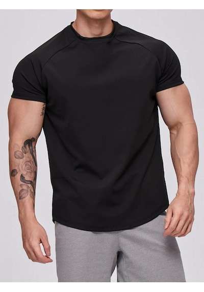 Genius Store Erkek Spor Tişört Running Sports Gym Reglan Oval Kesim Penye T-shirt Ovalt-shirt Siyah