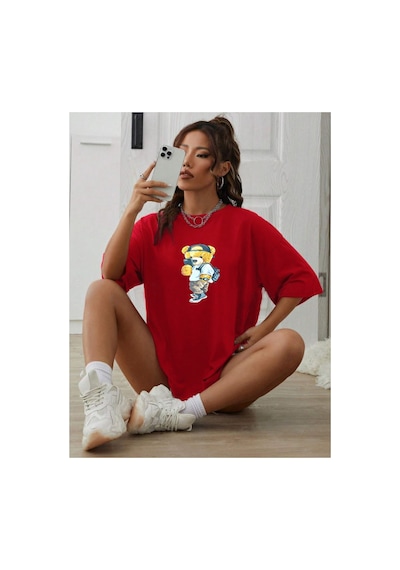 Medinenur Unisex Peluş Ayı Baskılı Bisiklet Yaka Tshirt Kırmızı