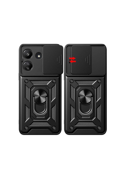 Xiaomi Poco C65 Kılıf Sürgülü Kamera Koruyucu Manyetik Standlı Tank Koruma Celikaksesuar Siyah