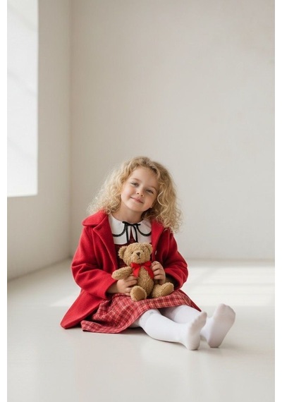 Mnk Baby & Kids Kaşe Ceketli Kız Çocuk Ekose Kumaş Nakış Yaka Elbise M00796 Kırmızı