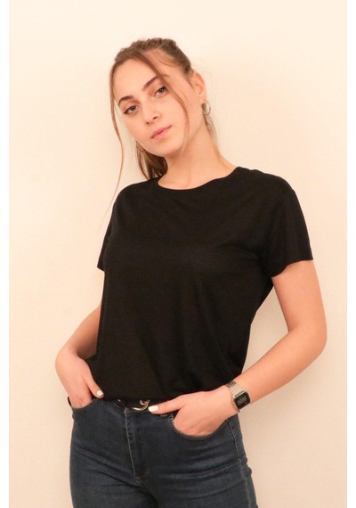 Rich Kadın O Yaka T-shirt %100 Pamuk Tişört SIYAH