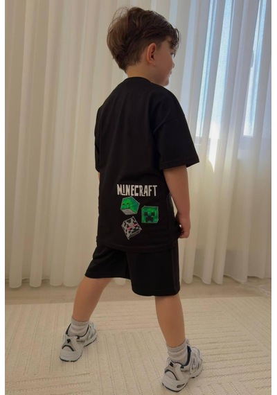 Cg Kids Minecraft Erkek Çocuk Tshirt & Şort Alt Üst Takım Süper Kalite Arka Etek Baskı Detay Siyah