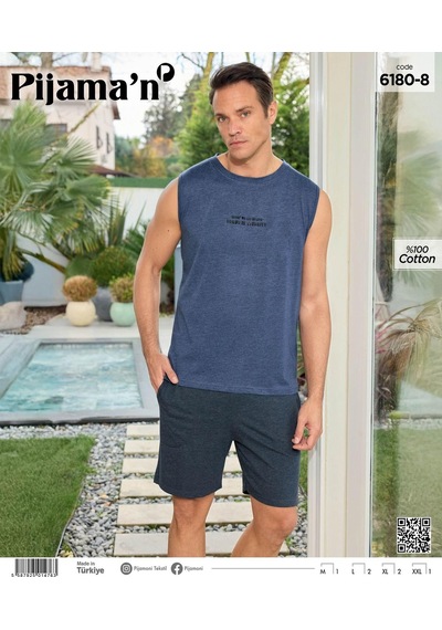 Pijamoni Erkek Bisiklet Yaka Kolsuz Şortlu Pijama Takımı 6180/8 - 1 Adet Mavi