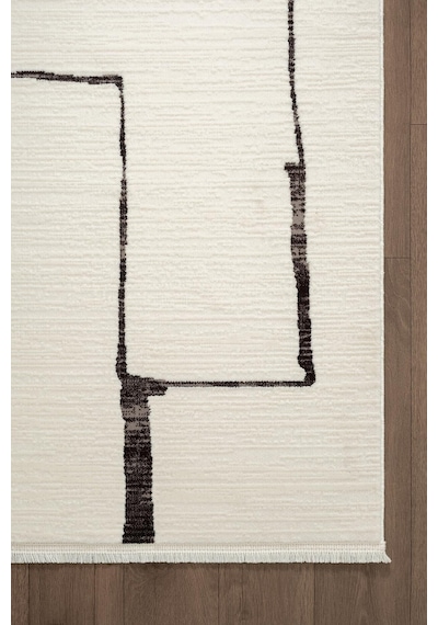 Look Black Lb004w Krem Halı Siyah Dekoratif Çizgili Modern Desen Akrilik Yumuşak Tozuaz Salon Halısı-894 Krem