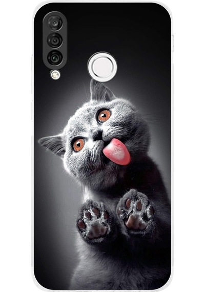 Huawei P30 Lite İle Uyumlu Kedi 2 Kamera Korumalı Şeffaf Kılıf Şeffaf