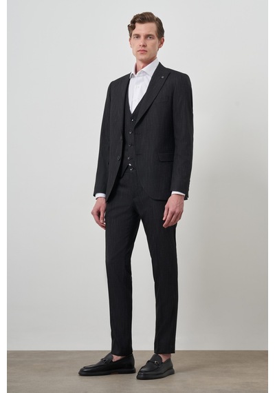 Morven Erkek Siyah Trend Yelekli Slim Fit Sivri Yaka Takım Elbise 25mc001069001 Siyah