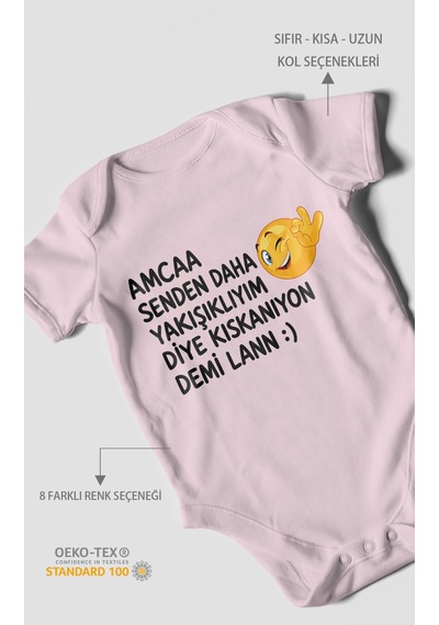 Morivokids Amaa Senden Daha Yazılı Kısa Kollu Bebek Body %100 Pamuk Bebe Pembe