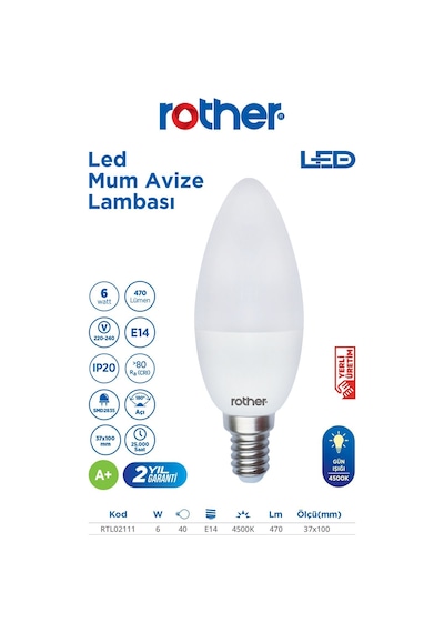 Rtl02111 Rother Led Mum Avize Ampul 6w E14 470 Lümen 4000k Gün Işığı - Enerji Tasarruflu Ampul