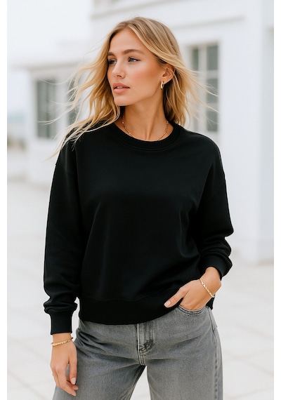 Kadın Siyah Pamuklu İnterlock Oversize Sweatshirt Siyah
