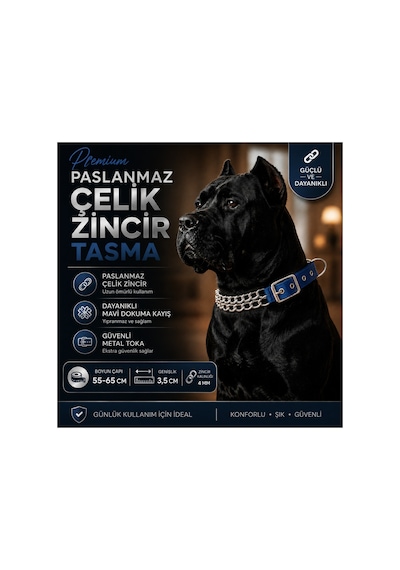 Köpek Zincir Boyun Tasması Paslanmaz Çelik Mavi Dokuma Kayış 55-65 Cm 3,5 Cm Genişlik 4 Mm Zincir Çok Renkli