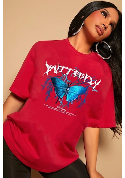 Unisex Blue Butterfly Baskılı Kısa Kol T-shirt Kırmızı