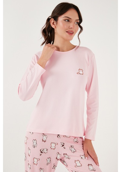 Lela Streç Regular Fit Beli Lastikli Bisiklet Yaka Bayan Pijama Takımı 65714101 Açık Pembe