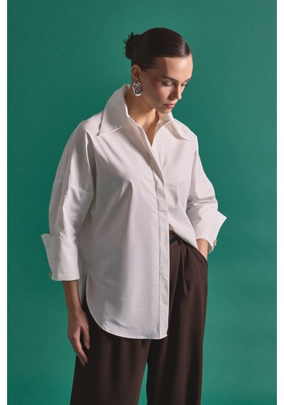 Sateen Düğme Detaylı Gömlek - Ekru-137151 ekru