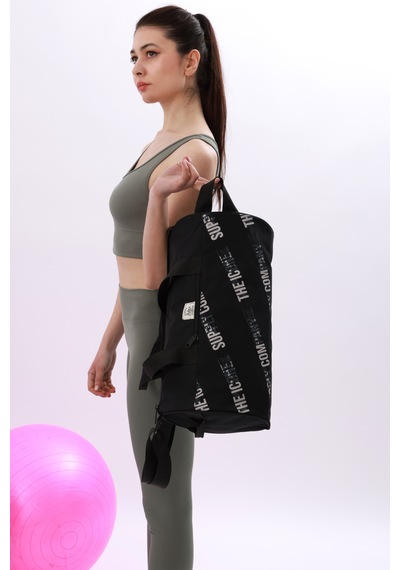 İcone Bag Unisex Spor Çanta Silindir Model, Baskılı, Ön Ve İç Cepli, Yan Saplı, Ayarlanabilir Omuz Askılı Siyah