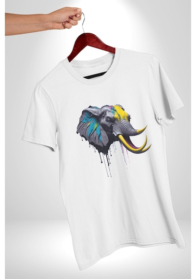 Renkli Fil Kafası Unisex Unisex Beyaz Organik Baskılı T-shirt Penye Yüksek Kalite Beyaz