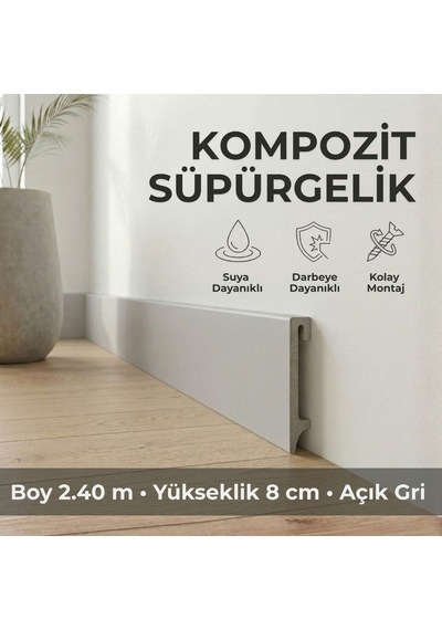 Espumo Kompozit Süpürgelik 8 cm Açık Gri | Suya Dayanıklı Parke Duvar Süpürgelik 2,40 m ESP202