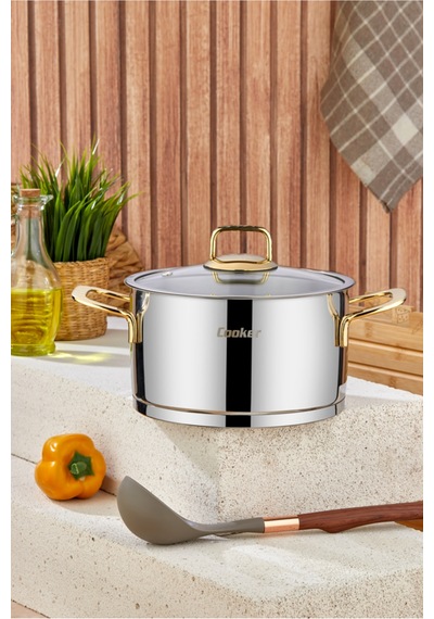 Cooker Bomonti 16 Cm 2 Litre İndüksiyon Uyumlu Paslanmaz Çelik Gold Kulplu Derin Tencere Ckr3467