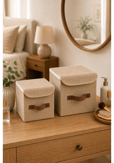 2li Kapaklı Jüt Organizer Kutu Seti 20x20x20 Cm - 25x25x25 Cm Katlanabilir Düzenleme Kutusu Organizer Seti Dolap, Raf Ve Banyo Düzeni İçin Doğal
