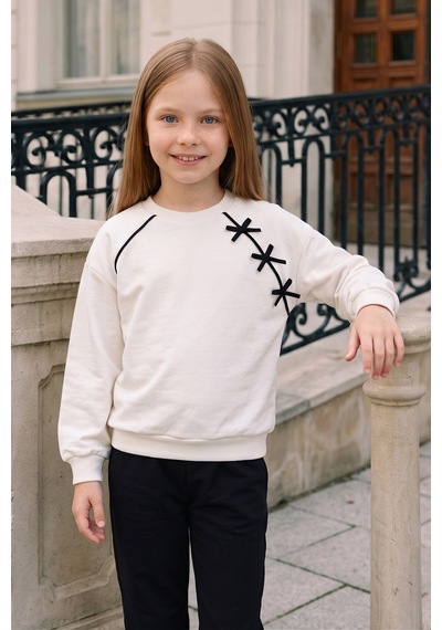 Fullamoda Fiyonk Nakışlı Biyeli Bisiklet Yaka Kız Çocuk Sweatshirt Ekru